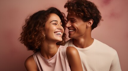 Wall Mural - couple laughing together against pink background