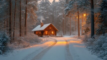 Poster - Nestled in a snowy forest, a charming cabin emits a warm glow through its windows as dusk settles in. Tracks in the fresh snow lead towards this inviting retreat.