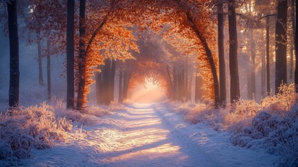 Poster - A winter pathway winds through frosty trees, with the warm glow of sunlight filtering through vibrant autumn leaves, creating a peaceful atmosphere.