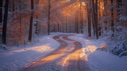 Aufkleber - A winding road meanders through a snow-covered forest where the warm glow of sunset creates a striking contrast against the chilly surroundings, highlighting the peaceful beauty of winter.