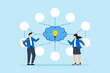 © VZ_Art - Flat illustration of two business people present mind map diagram and lightbulb thinking solution research plan visualizing idea easy problem solving and decision making