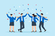 © VZ_Art - Flat illustration of successful businessman and businesswoman high five with celebrating team victory partnership and confetti teamwork success together staff or community company worker