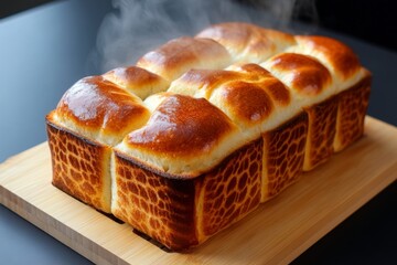 Golden loaf of freshly baked bread on a wooden board, with steam rising, capturing the warm, rustic charm of homemade baking, symbolizing comfort and nourishment