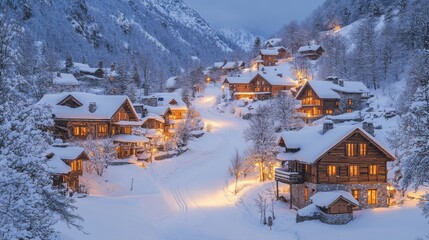 Poster - A picturesque mountain village blanketed in snow at dusk with cozy wooden chalets aglow. The tranquil landscape is surrounded by towering pine trees and majestic mountains.