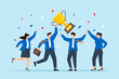© VZ_Art - Flat illustration of joyful leader holding winning trophy and colleague team celebrate business success or victory with confetti career award work achievement