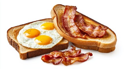 Realistic Breakfast Set with Toast, Eggs, and Bacon on White Background