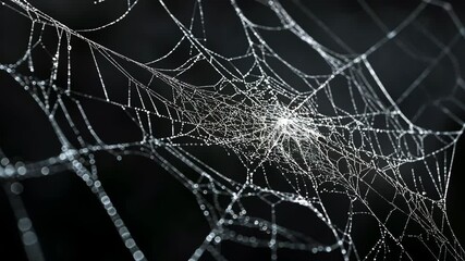A spiderweb covered in dew glistens in the early morning light