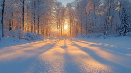 Poster - A serene winter landscape showcases a forest at dawn, where sunlight breaks through the trees, casting long shadows on the pristine snow.