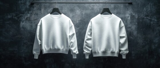 Two blank white crew neck sweatshirts hanging on hangers against a dark gray textured wall.