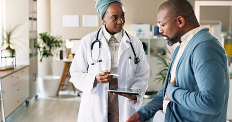 Wall Mural - Tablet, patient and consultation with doctor for stomach, pain or diarrhea. African people, technology and medical professional explain treatment for gut wellness, healthcare exam or help in hospital