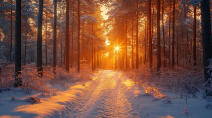 Poster - A tranquil winter landscape features a winding path blanketed in fresh snow, surrounded by tall trees as the sun sets, casting a warm glow.