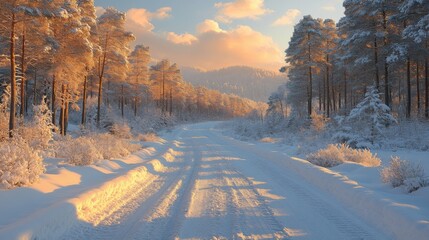 Poster - A peaceful snow-covered road stretches through a serene forest of tall pine trees, illuminated by the warm glow of the sunset. The tranquil scene captures winter's beauty.