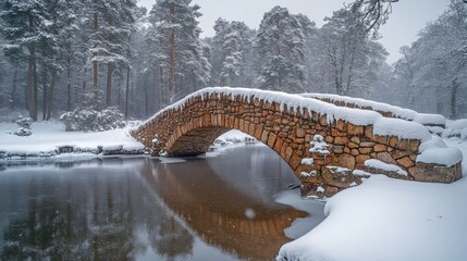 Poster - A serene stone bridge blanketed in snow arches over a calm pond, while tall trees create a picturesque winter setting during twilight.