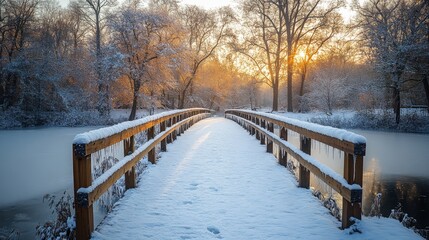 Poster - As the sun sets behind the trees, a peaceful bridge blanketed in snow invites reflection amid the quiet beauty of winter.