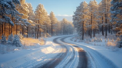 Poster - A winding road cuts through a tranquil winter forest, surrounded by snow-covered trees basking in the warm glow of the early morning sun, creating a peaceful atmosphere.
