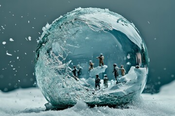 Wall Mural - a captivating frozen sphere encases tiny figures in a winter wonderland. the contrasting elements te