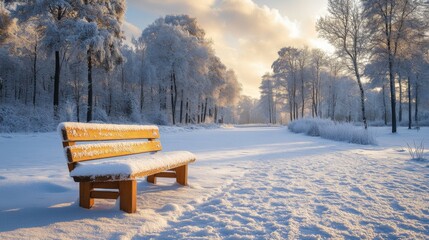 Poster - A wooden bench is blanketed in fresh snow along the edge of a frozen lake. The early morning sun casts a warm glow on the frosty landscape, surrounded by tall trees.