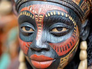 Wall Mural - A close-up of a wooden African mask, beautifully carved and painted, representing traditional craftsmanship.