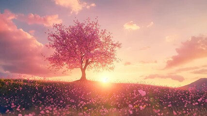 Wall Mural - Springtime pink tree with flowers at sunset, romantic magical landscape with soft white clouds.