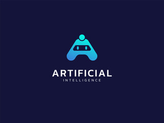 Wall Mural - artificial intelligence with letter a friendly robot face technology analysis logo vector design con