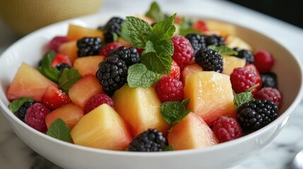 Vibrant and refreshing fruit salad a perfect medley of seasonal berries and melons