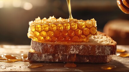 Delicious honey dripping from honeycomb onto freshly sliced bread a perfect breakfast delight