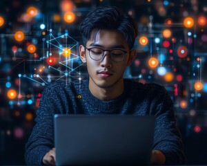 A motivated young entrepreneur engaged with his laptop, surrounded by colorful technology icons depicting the digital landscape of modern business