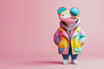 fun and colorful banner featuring a modern 3D dinosaur dressed in cozy winter clothes pink background. Perfect for seasonal promotions, kids’ events, or playful deco, banner/poster/web/flyer