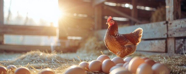 Wall Mural - Hen and eggs in nest at sunset