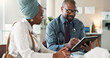 © peopleimages.com - Tablet, checkup and black woman with doctor in hospital for medical diagnosis or wellness advice. Discussion, digital technology and female patient with healthcare worker for checkup in consultation.