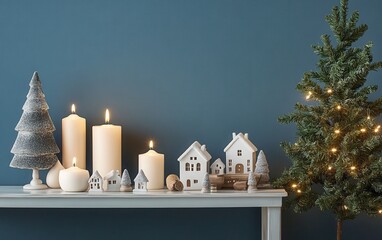 A decorative shelf showcasing candles, charming Christmas decorations, and small houses in front of an empty blue wall; adjacent to the table, a Christmas tree adds a seasonal touch