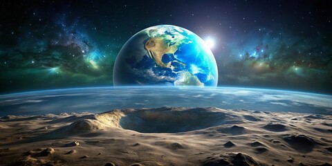 Wall Mural - a dusty, cratered landscape gazes up at the earth, a jewel in the vastness of space