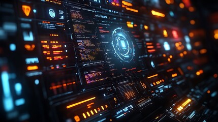 a futuristic user interface with glowing blue and orange digital elements.