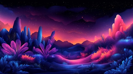 Wall Mural - A vibrant, surreal landscape with glowing plants, a distant mountain range, and a starry sky.