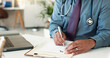 © peopleimages.com - Doctor, hands and writing in clinic for script, healthcare or medical certificate at tech. Person, notes or pen in private hospital for dosage instruction, info or sign recommendation in consultation