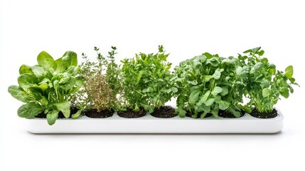 A display of hydroponic vegetables, featuring healthy green spinach, herbs, and arugula grown using sustainable methods, isolated on a white background