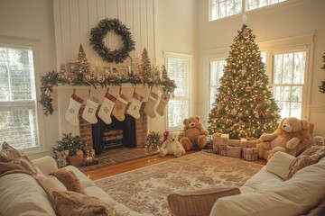 Beautifully decorated living room with white walls, a large Christmas tree adorned with lights, stockings on the fireplace, and plush teddy bears, creating a warm and inviting holiday atmosphere.