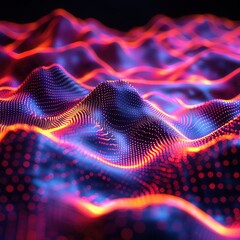 Neon 3D music waves on a black background, 3D background music, vibrant and immersive.