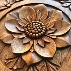 Aufkleber - A flower design is carved into a wooden surface.