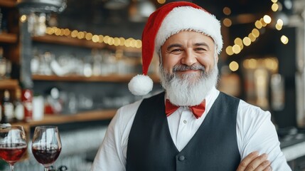 Wall Mural - Happy Man in Santa Hat at Bar with Wine Glasses