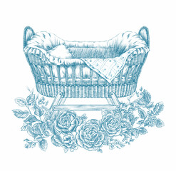 Cute retro baby cot cradle in flowers clipart. Toile de jouy style vintage line art illustration.