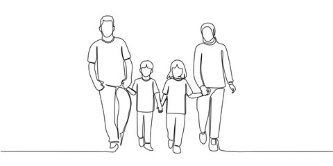 Wall Mural - illustration of a family line art style vector eps, Continuous line drawing of family members. Father, mother, daughter, and son holding hands together.