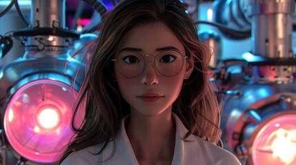 In a high-tech lab, a female scientist in a lab coat stands in front of a futuristic reactor and looks at the camera, surrounded by glowing interfaces that showcase modern scientific innovation.