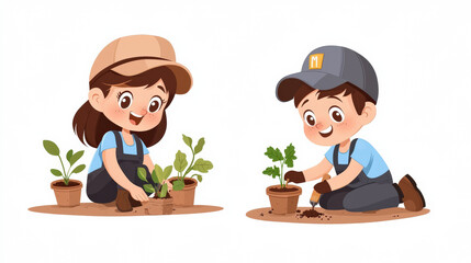 Two children happily planting seedlings in pots, showcasing gardening skills and a love for nature in a cheerful and vibrant style.