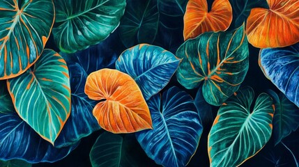 blue, green and orange leaves, flowers, bold, tropical, AI Generative