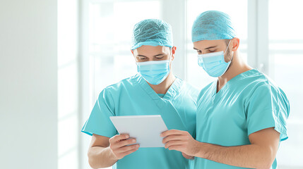 Medium shot of two doctors in scrubs and masks reviewing patient data on a tablet, bright natural lighting from windows creating a clean and professional hospital setting