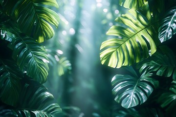 Wall Mural - Lush green leaves illuminated by soft light in a serene, tropical setting.