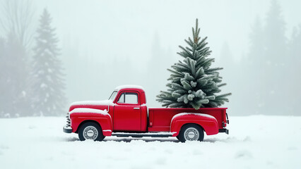 Wall Mural - Bringing home the christmas tree in an old red truck