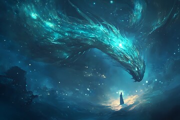 Wall Mural - a mystical scene depicting a glowing dragon-like creature above a solitary figure in a cosmic landsc