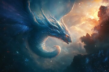 Wall Mural - a majestic dragon soaring through a cosmic landscape with vibrant colors and ethereal light.